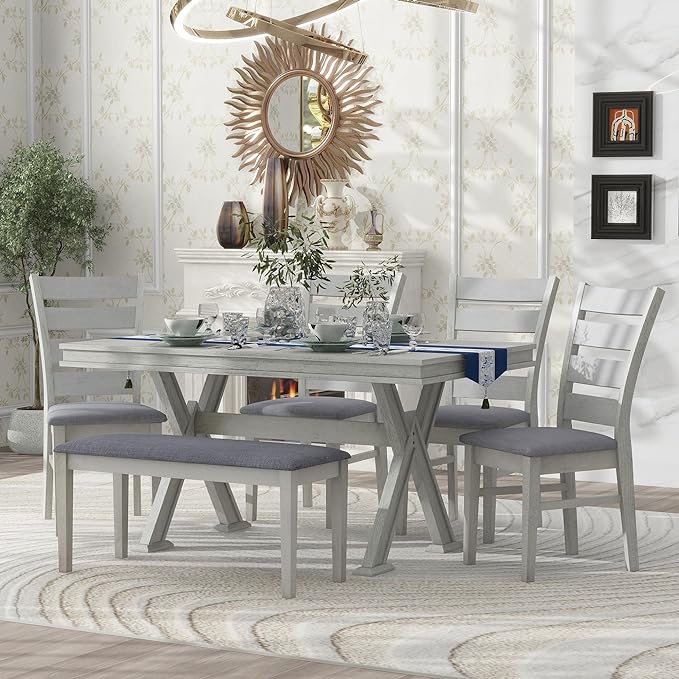 Merax (White Table Set with Unique Legs and 4 Upholstered Chairs & 1 Bench, 6-Piece L Rectangular - LeafyLoom
