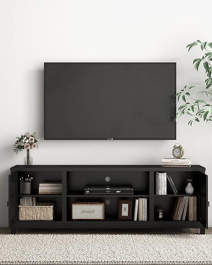 Panana Modern Farmhouse TV Stand, Entertainment Center for 70 inch TV with 2 Doors and Open Shelves for Living Room, Bedroom (Black, 65 inch) - LeafyLoom