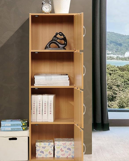 HODEDAH IMPORT 4-Shelf Bookcase Cabinet, Beech - LeafyLoom
