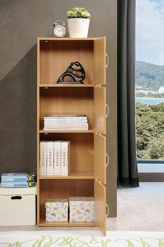 HODEDAH IMPORT 4-Shelf Bookcase Cabinet, Beech - LeafyLoom