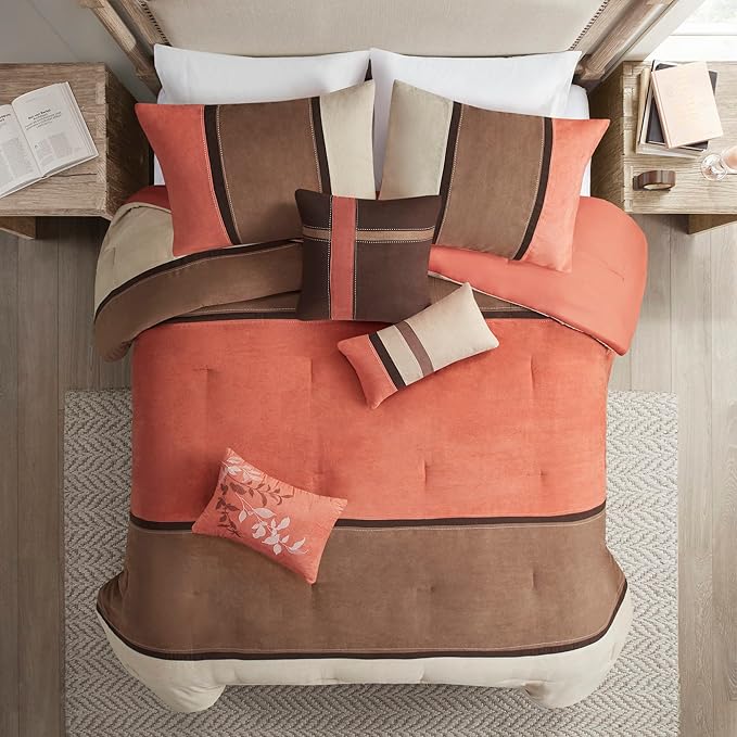 Madison Park Palisades Comforter Set Modern Faux Suede Pieced Stripe Design, All Season Down Alternative Cozy Bedding with Matching Shams, Decorative Pillows, Cal King(104"x92"), Coral 7 Piece - LeafyLoom