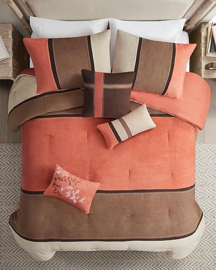 Madison Park Palisades Comforter Set Modern Faux Suede Pieced Stripe Design, All Season Down Alternative Cozy Bedding with Matching Shams, Decorative Pillows, Queen(90"x90"), Coral 7 Piece - LeafyLoom