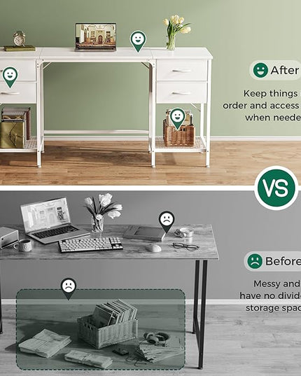 63 Inch Computer Desk with 4 Drawers, Office Desk with Mesh Shelf, Gaming Desk, Large Storage, Writing Desk Work Desk for Home Office, Study, Bedroom, Work from Home, White - LeafyLoom