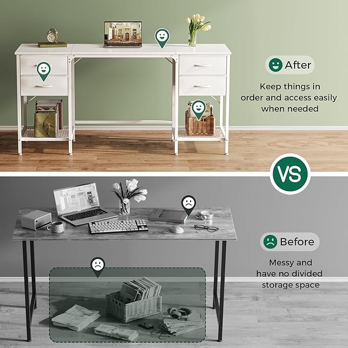 63 Inch Computer Desk with 4 Drawers, Office Desk with Mesh Shelf, Gaming Desk, Large Storage, Writing Desk Work Desk for Home Office, Study, Bedroom, Work from Home, White - LeafyLoom