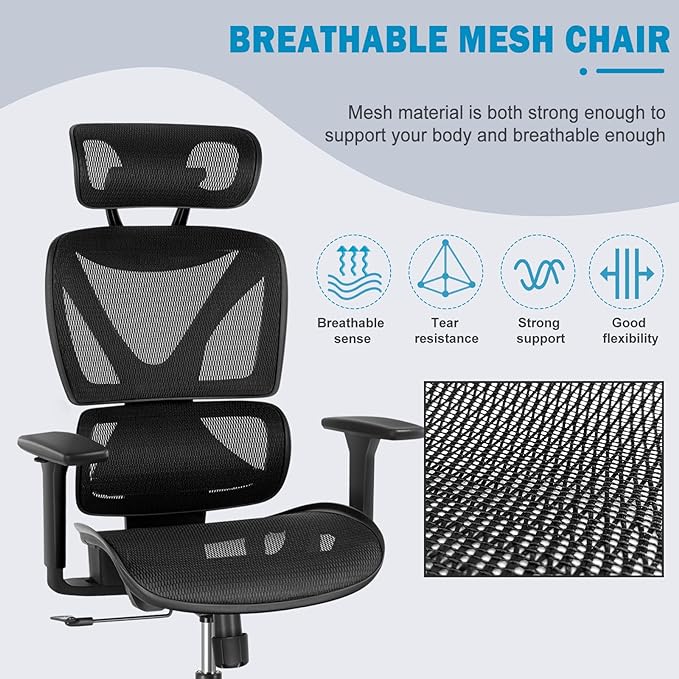 GABRYLLY Ergonomic Office chair with Lumbar Support, Big and Tall Mesh Chairs with Adjustable 3D Arms, Headrest & Soft Seat, Large Desk Chair for Home Gaming,Black - LeafyLoom