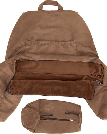 Husband Pillow XXL Cover Aspen Edition Saddle Brown, Reversible Microfiber to Microsuede, Side & Back Pockets - Handle for Easy Transport - Super Cozy Bed Rest Pillow Cover with Arms - Easy Care - LeafyLoom