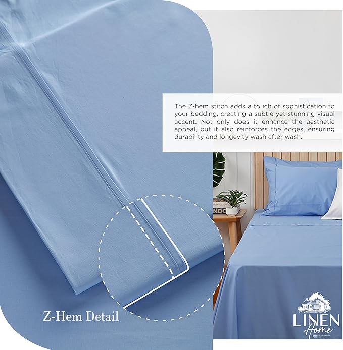 100% Cotton Percale Sheets Twin XL Size, Baby Blue, Deep Pocket, 4 Pieces Sheet Set - 1 Flat, 1 Deep Pocket Fitted Sheet and 2 Pillowcases, Crisp Cool and Strong Bed Linen - LeafyLoom