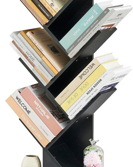 Hoctieon 6 Tier Tree Bookshelf, Tall Bookcase with Drawer, Freestanding Book shelf, Display Floor Standing Storage Shelf, Book Organizer Shelves for Home Office, Living Room, Bedroom, Black - LeafyLoom