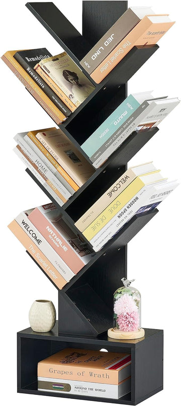 Hoctieon 6 Tier Tree Bookshelf, Tall Bookcase with Drawer, Freestanding Book shelf, Display Floor Standing Storage Shelf, Book Organizer Shelves for Home Office, Living Room, Bedroom, Black - LeafyLoom