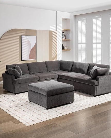 100.4" Modern Large U-Shape Modular Sectional Sofa with Removable Ottomans, Flexible Combination 6-Seater Upholstered Couch for Living Room Apartment Office, Gray, 100.4 Inch - LeafyLoom