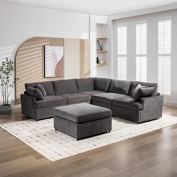 100.4" Modern Large U-Shape Modular Sectional Sofa with Removable Ottomans, Flexible Combination 6-Seater Upholstered Couch for Living Room Apartment Office, Gray, 100.4 Inch - LeafyLoom