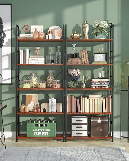NUMENN 5 Tier Bookshelf, Tall Bookcase Shelf Storage Organizer, Modern Book Shelf for Bedroom, Living Room and Home Office, Teak - LeafyLoom