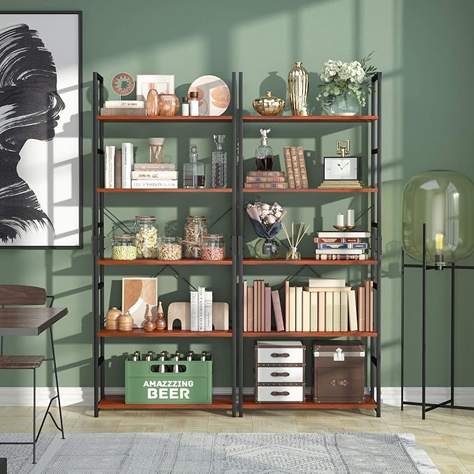 NUMENN 5 Tier Bookshelf, Tall Bookcase Shelf Storage Organizer, Modern Book Shelf for Bedroom, Living Room and Home Office, Teak - LeafyLoom