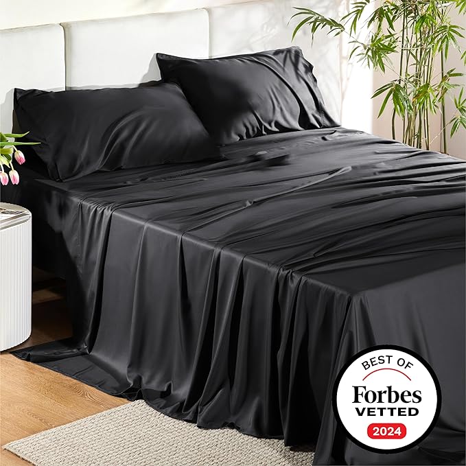 Bedsure California King Sheet Sets, Cooling Sheets, Rayon Derived from Bamboo, Deep Pocket Up to 16", Breathable & Soft Bed Sheets, Hotel Luxury Silky Bedding Sheets & Pillowcases, Black - LeafyLoom