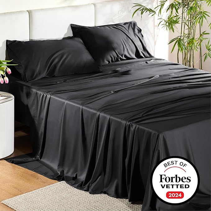 Bedsure Queen Sheets, Rayon Derived from Bamboo, Queen Cooling Sheet Set, Deep Pocket Up to 16", Breathable & Soft Bed Sheets, Hotel Luxury Silky Bedding Sheets & Pillowcases, Black - LeafyLoom