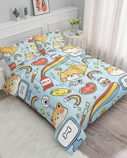 Datura home Kids Comforter Set Kawaii Dogs Bedding Cute Shiba Inu Corgi Printed Pattern Decor with 1 and 2 Pillowcases for Boys Girls All Season(Blue Inu), Twin 68x86inches - LeafyLoom