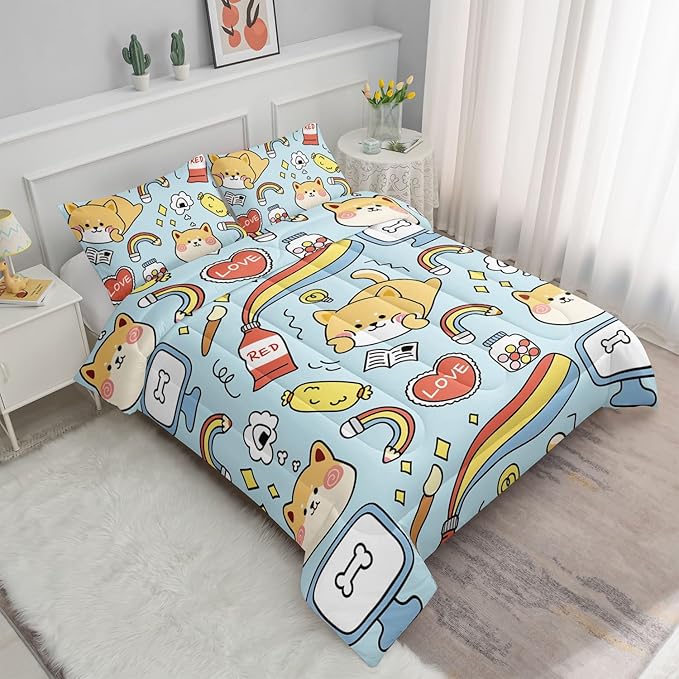Datura home Kids Comforter Set Kawaii Dogs Bedding Cute Shiba Inu Corgi Printed Pattern Decor with 1 and 2 Pillowcases for Boys Girls All Season(Blue Inu), Twin 68x86inches - LeafyLoom
