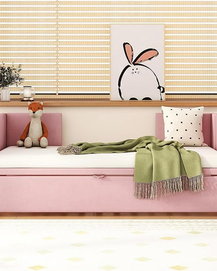 Bellemave Twin Size Upholstered Daybed with Pop up Trundle,Velvet Twin Daybed Frame,Twin to King Daybed,Day bed with Trundle Bed Twin,Tufted Sofa Bed Daybed,Bedroom,Living Room,Guest Room(Pink) - LeafyLoom
