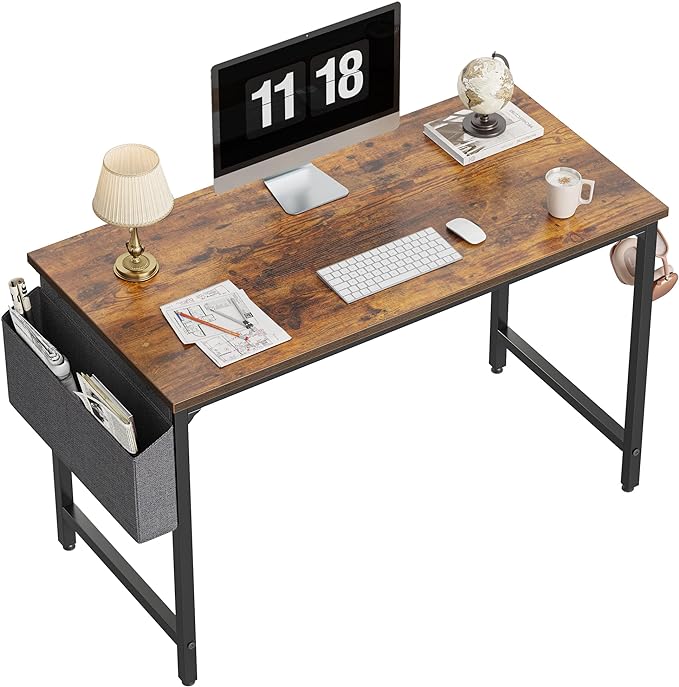 CubiCubi Study Computer Desk 47" Home Office Writing Small Desk, Modern Simple Style PC Table, Black Metal Frame, Rustic Brown - LeafyLoom