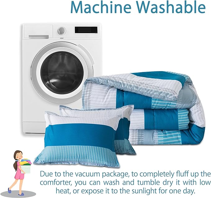 Andency Stripe Comforter Set Queen Size (90x90 Inch), 3 Pieces Teal Patchwork Striped Comforter, Soft Microfiber Down Alternative Comforter Bedding Set with Corner Loops - LeafyLoom