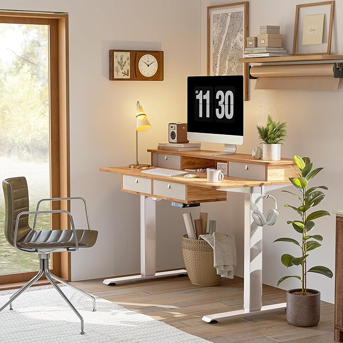 FEZIBO Sturdy Height Adjustable Electric Standing Desk with Drawers, 48 x 24 Inch Stand Up Table with Large Storage Shelf, Sit Stand Desk, Light Rustic Brown Top - LeafyLoom