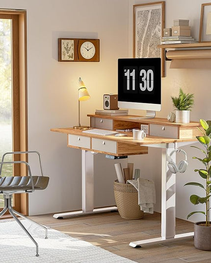 FEZIBO Sturdy Height Adjustable Electric Standing Desk with Drawers, 55 x 24 Inch Stand Up Table with Large Storage Shelf, Sit Stand Desk, Light Rustic Brown Top - LeafyLoom