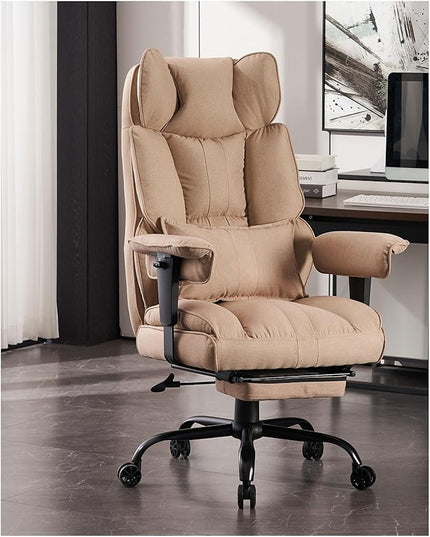 Fabric Office Chair, Big and Tall Office Chair 400 lb Weight Capacity, High Back Executive Office Chair with Foot Rest, Ergonomic Office Chair for Back Pain Relief, Beige - LeafyLoom