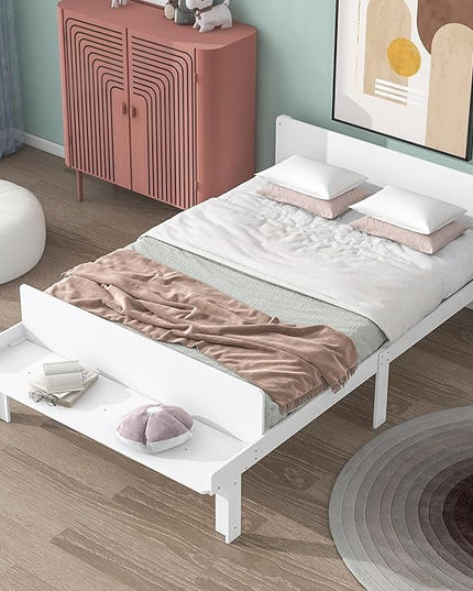 Full Bed with Footboard Bench, Full Kid Bed with Headboard, Wood Slat Support, Cute Kid Bed Frame with Book Storage Space, Full Car Bed for Boys Girls Bedroom, No Box Spring Needed, Grey - LeafyLoom
