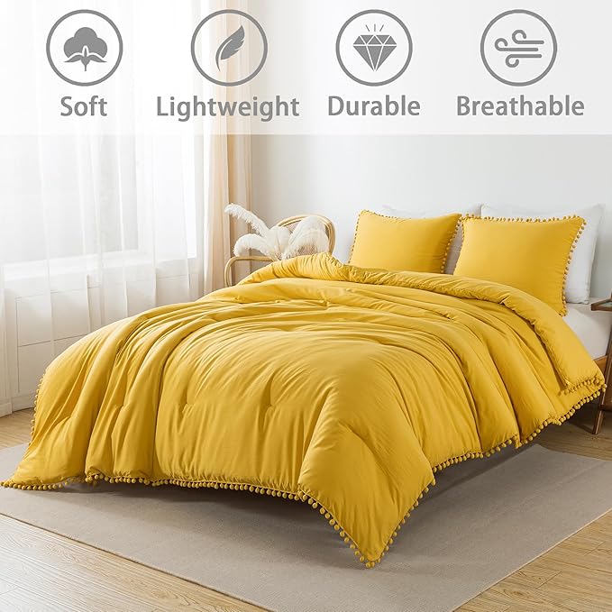 Litanika King Size Comforter Set Mustard Yellow,3 Pieces Mustard Yellow Boho Pom Pom Lightweight Bed Comforter, All Season Soft Bedding Comforter Sets (1 Comforter 104x90 Inch, 2 Pillowcases) - LeafyLoom
