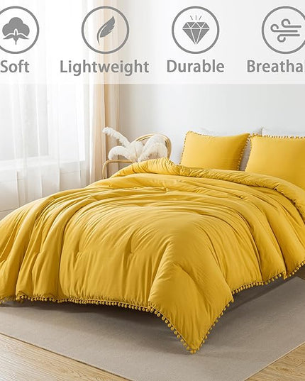 Litanika Comforter Full Size Set Mustard Yellow,3 Pieces Mustard Yellow Boho Pom Pom Lightweight Bed Comforter Full,All Season Soft Bedding Comforter Sets (1 Comforter 79x90 Inch, 2 Pillowcases) - LeafyLoom