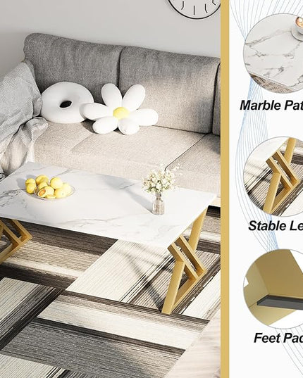 Coffee Table Living Room Table White Center Table, Simple Modern Faux Marble Rectangular Tea Table with Sturdy Gold-Finished Metal Frame,Industrial Wooden Coffee Table for Bedroom Home Office - LeafyLoom