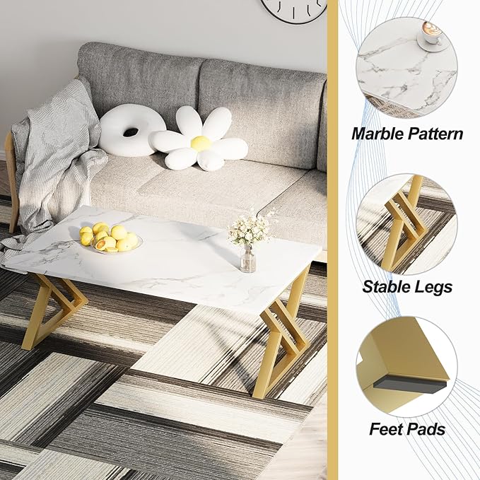 Coffee Table Living Room Table White Center Table, Simple Modern Faux Marble Rectangular Tea Table with Sturdy Gold-Finished Metal Frame,Industrial Wooden Coffee Table for Bedroom Home Office - LeafyLoom