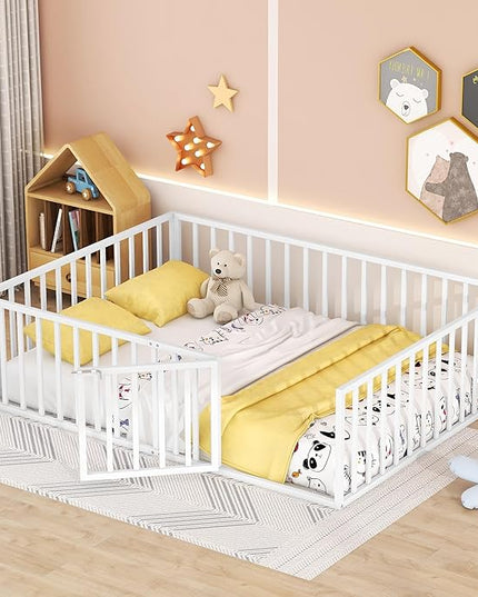 RITSU Queen Size Metal Floor Fence Bed, Montessori Bedframe, with Safety Guardrail and Door, for Children Bedroom, Boys Girls, Apartment, Strong & Durable, Easy to Assemble, White - LeafyLoom
