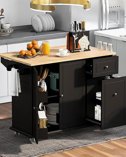 53.9" Drop Leaf, Rolling Island on Wheels w/Drawer and 3-Tier Pull Out Cabinet Organizer, Kitchen Storage Cart with Spice, Towel Rack, Black, 53.94 Inch - LeafyLoom