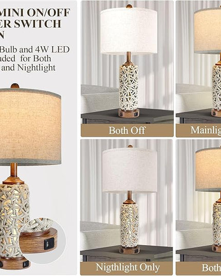 Coastal Nautical Lamp Farmhouse Table Lamps for Living Room Bedroom， Bedside Lamp with Dual USB Port，26.5'' Tall Nightstand Lamps(2 Bulb Included) - LeafyLoom