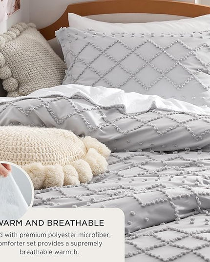 Bedsure Twin/Twin XL Comforter Set - Light Grey Boho Twin Extra Long Comforter Set for College, Shabby Chic Dorm Bedding Set, 2 Pieces Modern Farmhouse Bed Set, includes 1 Pillow Sham - LeafyLoom