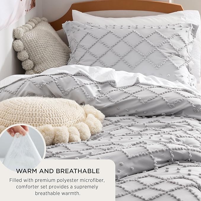 Bedsure Twin/Twin XL Comforter Set - Light Grey Boho Twin Extra Long Comforter Set for College, Shabby Chic Dorm Bedding Set, 2 Pieces Modern Farmhouse Bed Set, includes 1 Pillow Sham - LeafyLoom