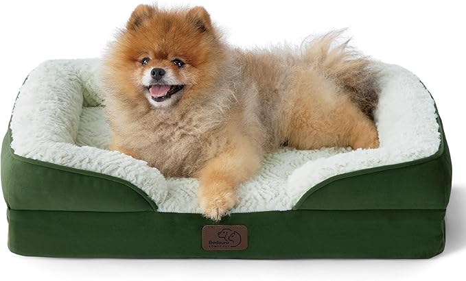 Bedsure Small Orthopedic Dog Bed - Calming Dog Sofa Beds for Small Dogs with Luxurious Short Plush, Pet Couch Bed with Removable Washable Cover, Waterproof Lining and Nonskid Bottom Couch, Green BEDSURE