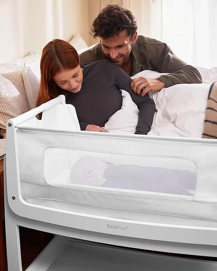 SnuzPod4, Bassinet Bedside Sleeper - Comfortable Baby Crib and Bed, 3D Breathable Mattress, Fits Bed with Adjustable Max. Height of 28.5”, Machine Washable Mesh Liner (White) - LeafyLoom