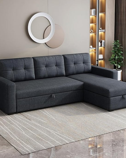 Sleeper Sofa Couch with Pull Out Bed,L Shaped Sleeper Sofa with Storage,Sectional Sleeper Couch,Convertible Sleeper Sectional Sofa W/Chaise and 3 Back Cushions,for Living Room,Office,Dark Grey - LeafyLoom