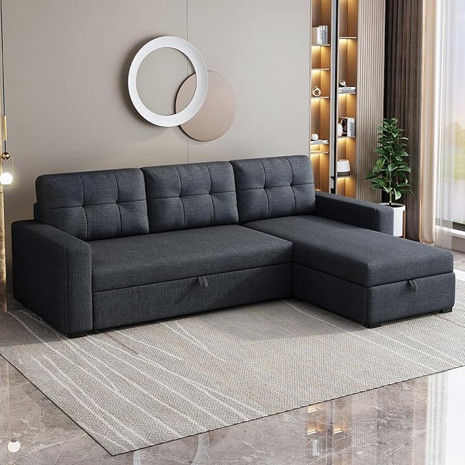 81.5" Sectional Sleeper Sofa with Storage Chaise, L Shaped Pull Out Couch Bed with 3 Removable Back Cushion for Living Room,Apartment,Office,Dark Grey - LeafyLoom