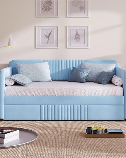Upholstered Twin Size Daybed with Trundle, Backrest and Armrests, Modern Velvet Day Bed Frame for Bedroom Guestroom Living Room, Wood Slats Support, Light Blue - LeafyLoom