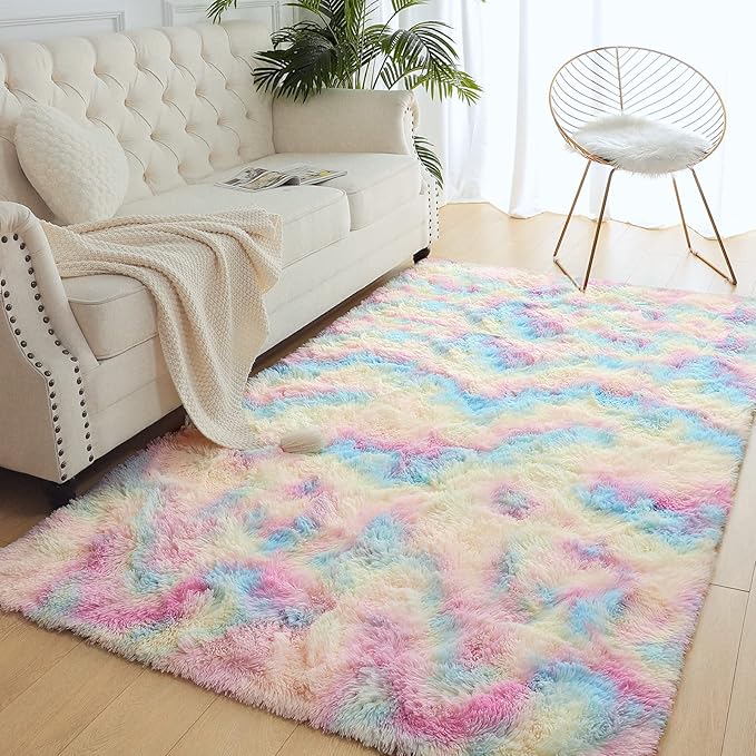 AROGAN Soft Rainbow Area Rugs for Girls Room 5x8 Feet, Fluffy Girls Bedroom Rugs, Princess Rug, Cute Colorful Carpet for Kids Teens Nursery Toddler, Pink - LeafyLoom