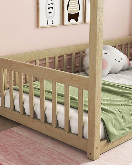 Twin Size Canopy Bed Frame with Guardrails for Kids,Floor Bed Twin with Four Poster Design,Kids Montessori Floor Bed,Wood Canopy Bed Frame for Girls,Boys(Twin,Natural) - LeafyLoom