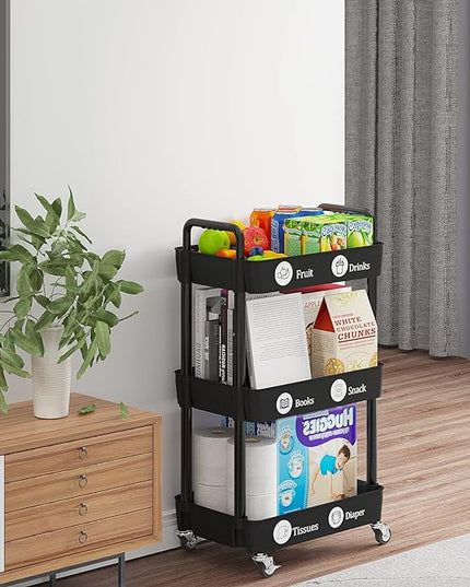 3-Tier Kitchen Storage Cart,Multifunction Utility Rolling Storage Organizer,Mobile Shelving Unit Cart with Lockable Wheels for Bathroom,Laundry,Living Room,With Classified Stickers,Black - LeafyLoom