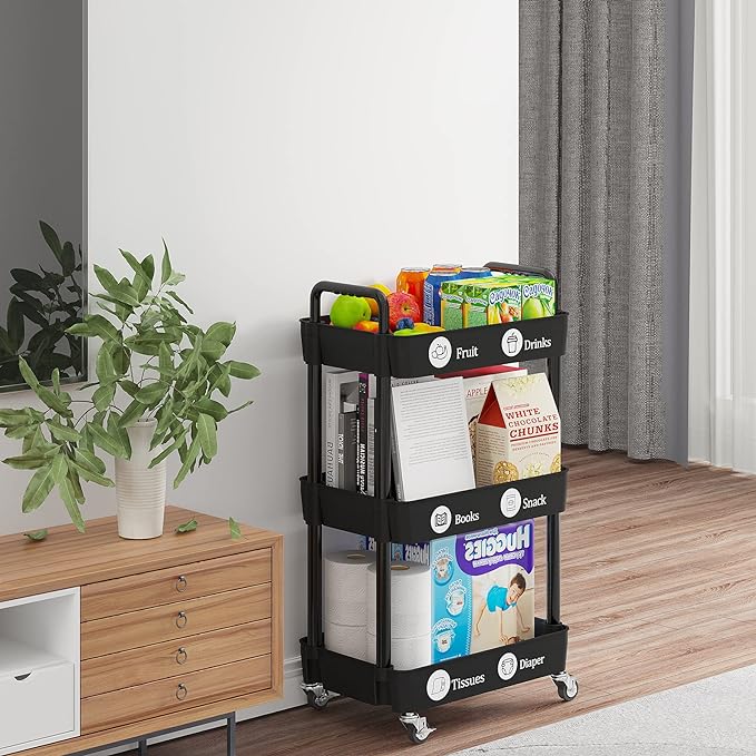 3-Tier Kitchen Storage Cart,Multifunction Utility Rolling Storage Organizer,Mobile Shelving Unit Cart with Lockable Wheels for Bathroom,Laundry,Living Room,With Classified Stickers,Black - LeafyLoom