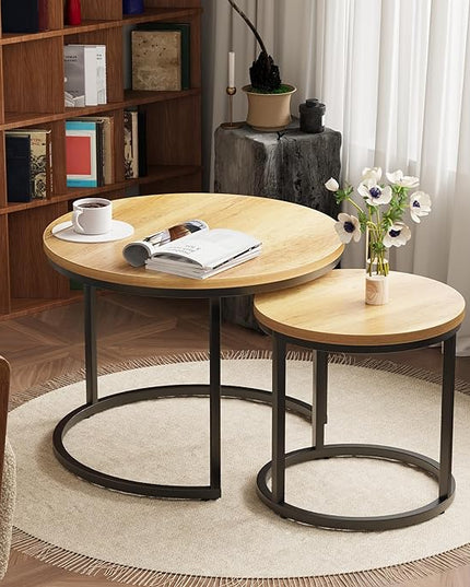 Nesting Coffee Table Set of 2, 23.6" Round Coffee Table Brown Wood with Adjustable Non-Slip Feet, Industrial End Table Side Tables for Living Room Bedroom Balcony Yard - LeafyLoom