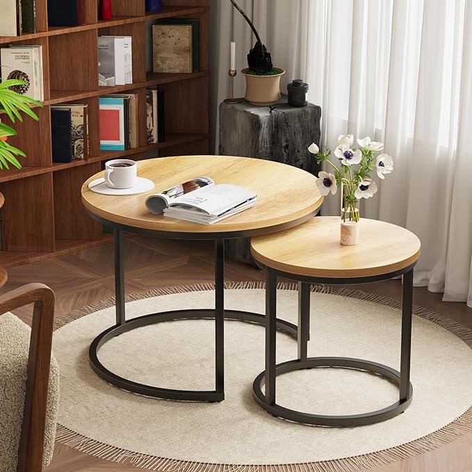 Nesting Coffee Table Set of 2, 23.6" Round Coffee Table Brown Wood with Adjustable Non-Slip Feet, Industrial End Table Side Tables for Living Room Bedroom Balcony Yard - LeafyLoom