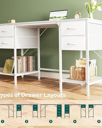 55 Inch Computer Desk with 4 Drawers, Office Desk with Mesh Shelf, Gaming Desk, Large Storage, Writing Desk Work Desk for Home Office, Study, Bedroom, Work from Home, White - LeafyLoom