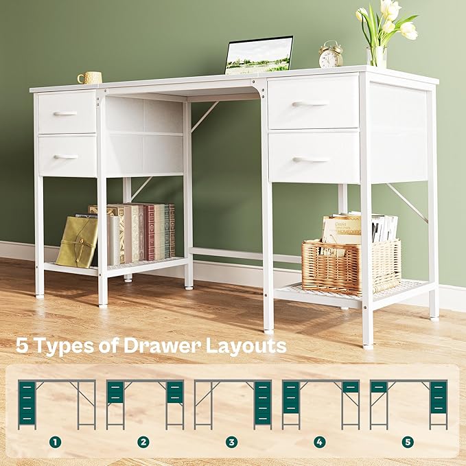 55 Inch Computer Desk with 4 Drawers, Office Desk with Mesh Shelf, Gaming Desk, Large Storage, Writing Desk Work Desk for Home Office, Study, Bedroom, Work from Home, White - LeafyLoom